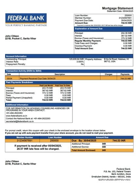India Federal Bank mortgage statement Word and PDF template India Federal Bank mortgage statement Word and PDF template