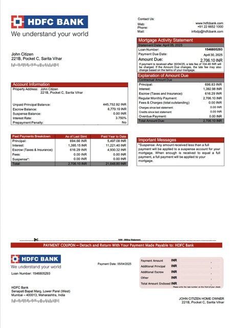 India HDFC Bank mortgage statement Word and PDF template India HDFC Bank mortgage statement Word and PDF template