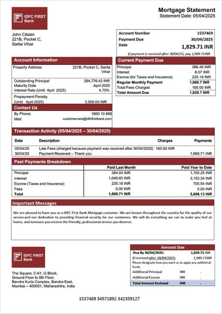 India IDFC First Bank mortgage statement Word and PDF template India IDFC First Bank mortgage statement Word and PDF template