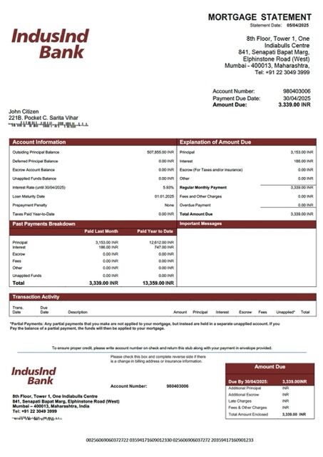 India IndusInd Bank mortgage statement Word and PDF template India IndusInd Bank mortgage statement Word and PDF template