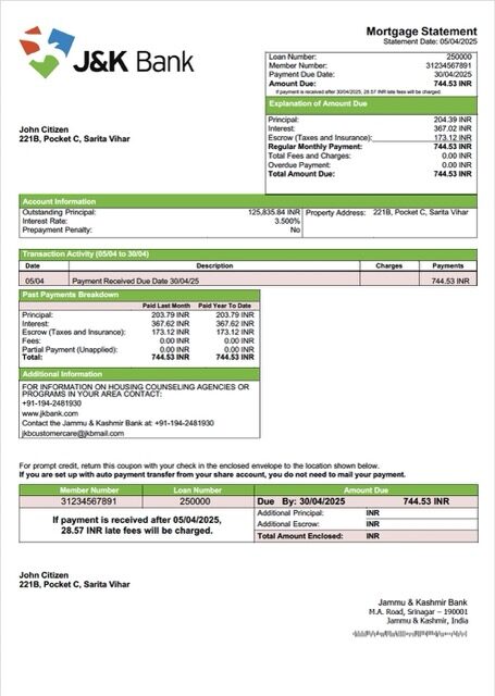 India Jammu & Kashmir Bank mortgage statement Word and PDF template India Jammu & Kashmir Bank mortgage statement Word and PDF template