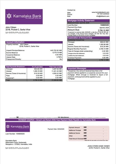 India Karnataka Bank mortgage statement Word and PDF template India Karnataka Bank mortgage statement Word and PDF template