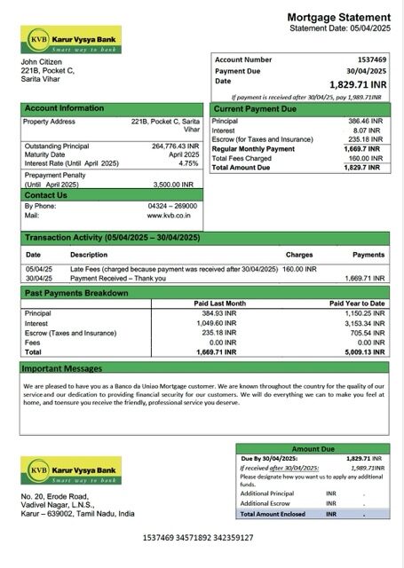 India Karur Vysya Bank mortgage statement Word and PDF template India Karur Vysya Bank mortgage statement Word and PDF template