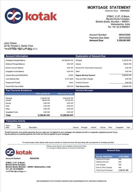 India Kotak Mahindra Bank mortgage statement Word and PDF template India Kotak Mahindra Bank mortgage statement Word and PDF template