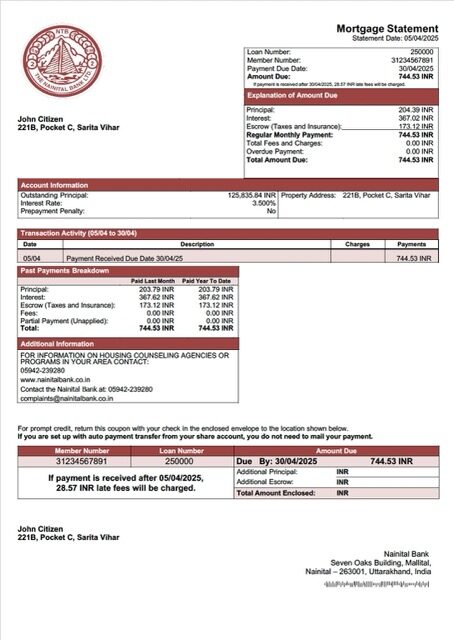 India Nainital Bank mortgage statement Word and PDF template India Nainital Bank mortgage statement Word and PDF template