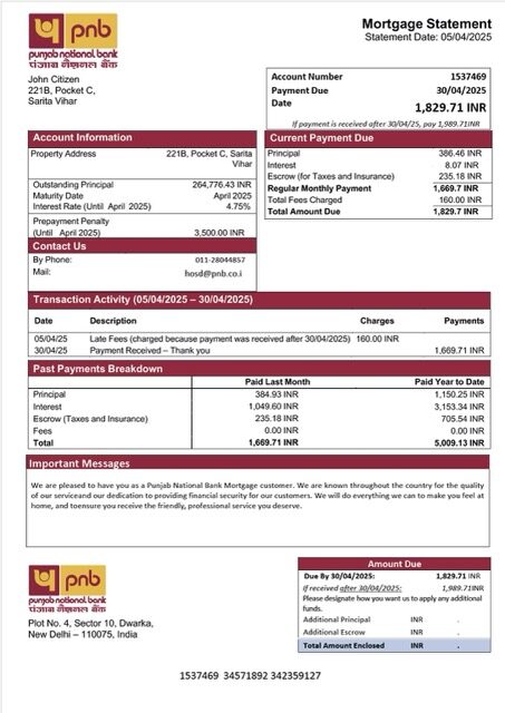India Punjab National Bank mortgage statement Word and PDF template India Punjab National Bank mortgage statement Word and PDF template