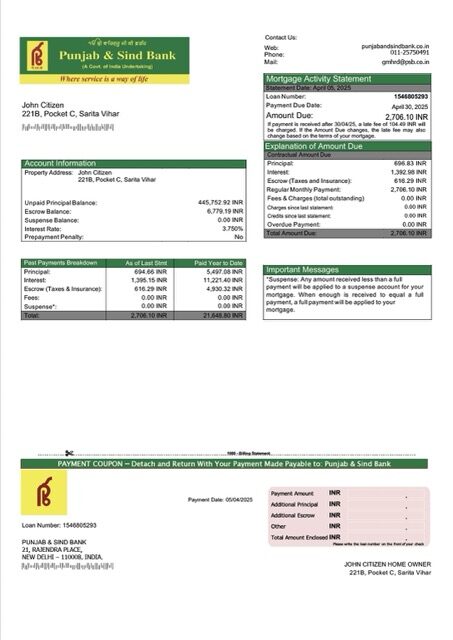 India Punjab & Sind Bank mortgage statement Word and PDF template India Punjab & Sind Bank mortgage statement Word and PDF template