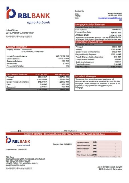 India RBL Bank mortgage statement Word and PDF template India RBL Bank mortgage statement Word and PDF template