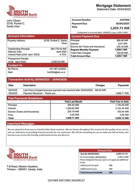 India South Indian Bank mortgage statement Word and PDF template India South Indian Bank mortgage statement Word and PDF template