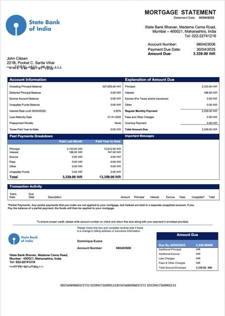 India State Bank of India mortgage statement Word and PDF template India State Bank of India mortgage statement Word and PDF template