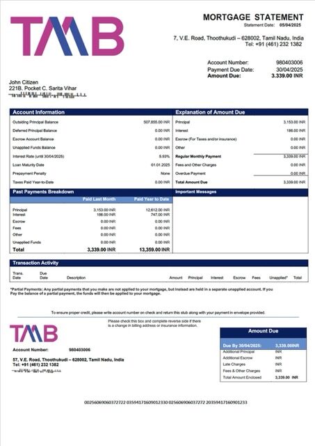 India Tamilnad Mercantile Bank mortgage statement Word and PDF template India Tamilnad Mercantile Bank mortgage statement Word and PDF template