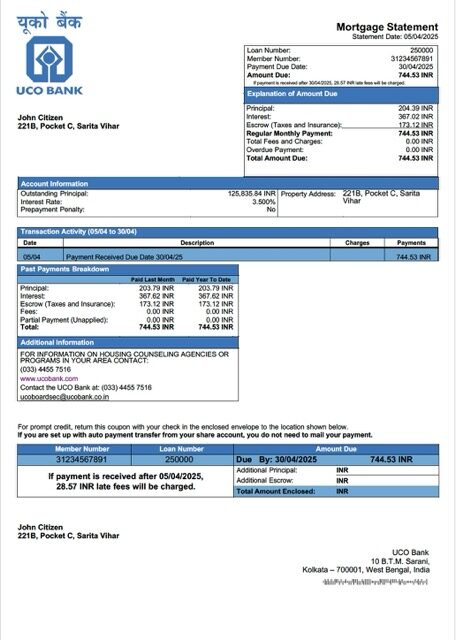 India UCO Bank mortgage statement Word and PDF template India UCO Bank mortgage statement Word and PDF template