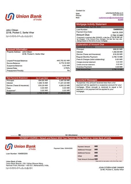 India Union Bank of India mortgage statement Word and PDF template India Union Bank of India mortgage statement Word and PDF template