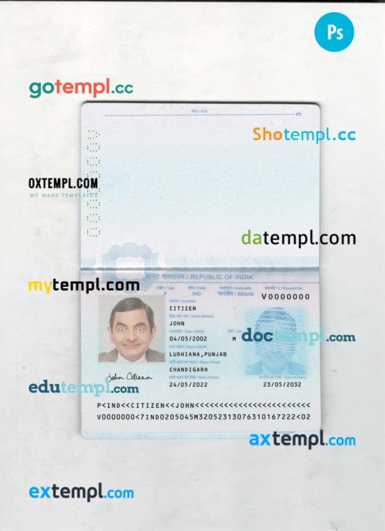 India passport editable PSD files with address page, scan and photo-realistic look, 2022-present India passport editable PSD files with address page, scan and photo-realistic look, 2022-present