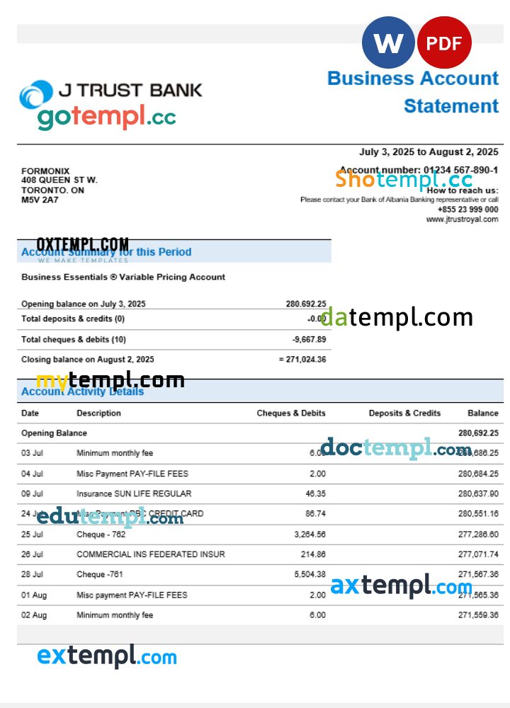J Trust Royal business bank company statement Word and PDF format J Trust Royal business bank company statement Word and PDF format