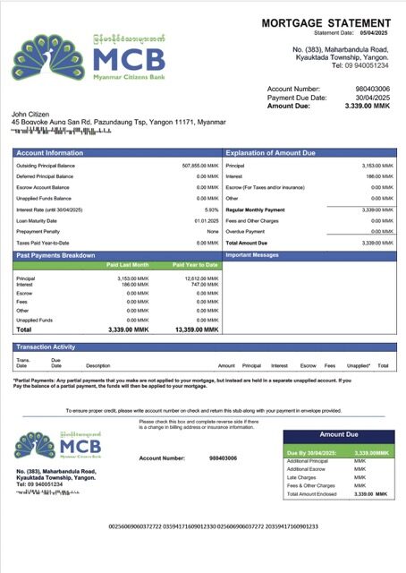 Myanmar Citizens Bank mortgage statement Word and PDF template Myanmar Citizens Bank mortgage statement Word and PDF template