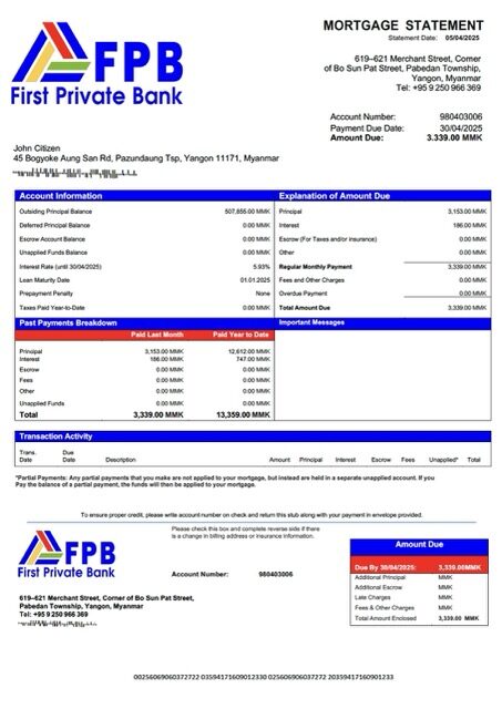 Myanmar First Private Bank mortgage statement Word and PDF template Myanmar First Private Bank mortgage statement Word and PDF template