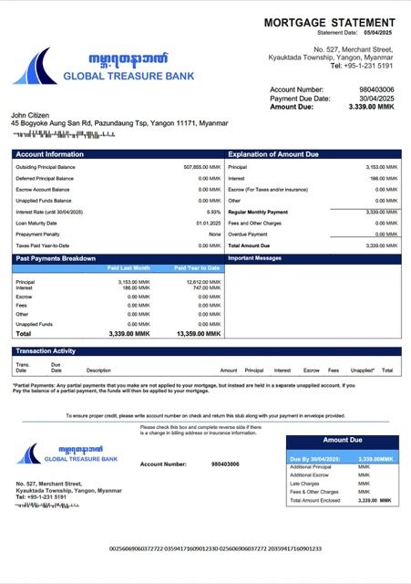 Myanmar Global Treasure Bank mortgage statement Word and PDF template Myanmar Global Treasure Bank mortgage statement Word and PDF template
