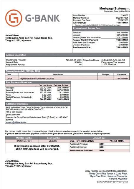 Myanmar Glory Farmer Development Bank (G Bank) mortgage statement Word and PDF template Myanmar Glory Farmer Development Bank (G Bank) mortgage statement Word and PDF template