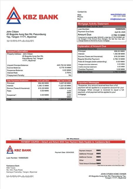 Myanmar Kanbawza Bank mortgage statement Word and PDF template Myanmar Kanbawza Bank mortgage statement Word and PDF template