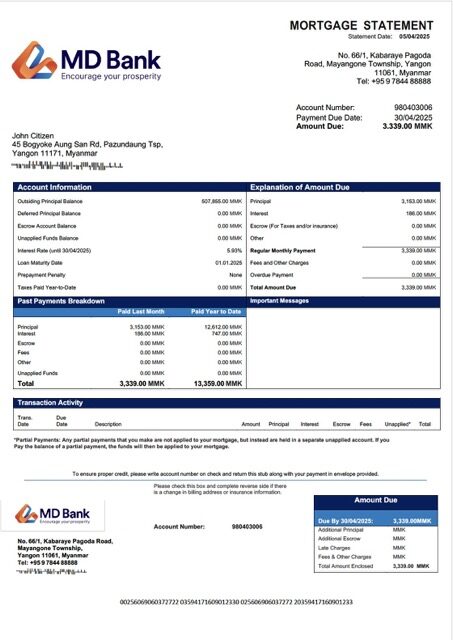 Myanmar MD Bank mortgage statement Word and PDF template Myanmar MD Bank mortgage statement Word and PDF template