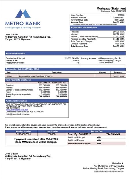 Myanmar Metro Bank mortgage statement Word and PDF template Myanmar Metro Bank mortgage statement Word and PDF template