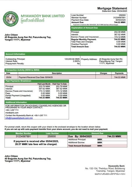 Myanmar Myawaddy Bank mortgage statement Word and PDF template Myanmar Myawaddy Bank mortgage statement Word and PDF template