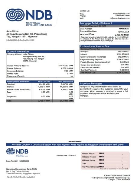 Myanmar Naypyitaw Development Bank (NDB) mortgage statement Word and PDF template Myanmar Naypyitaw Development Bank (NDB) mortgage statement Word and PDF template