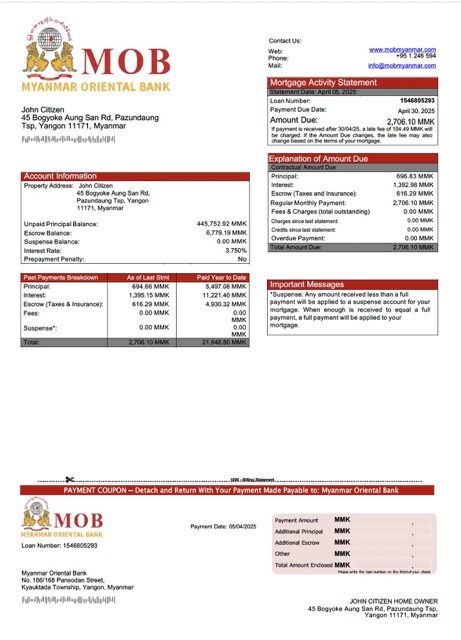 Myanmar Oriental Bank mortgage statement Word and PDF template Myanmar Oriental Bank mortgage statement Word and PDF template