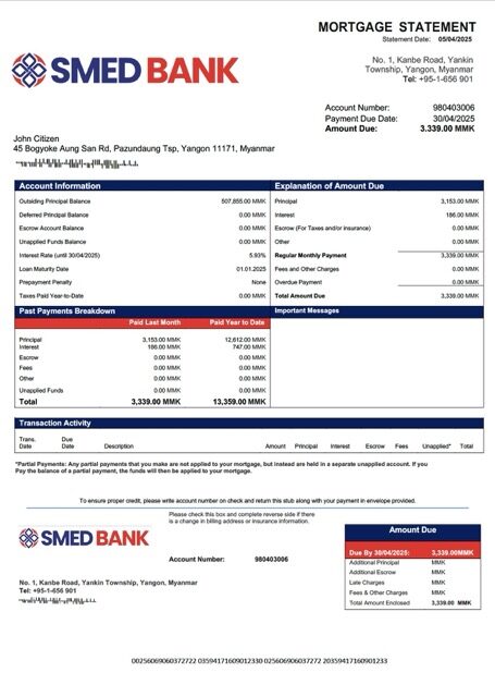 Myanmar SME Development Bank mortgage statement Word and PDF template Myanmar SME Development Bank mortgage statement Word and PDF template