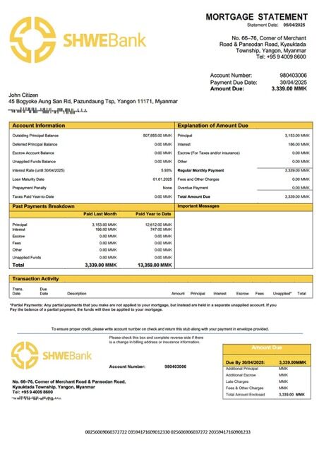 Myanmar Shwe Bank mortgage statement Word and PDF template Myanmar Shwe Bank mortgage statement Word and PDF template