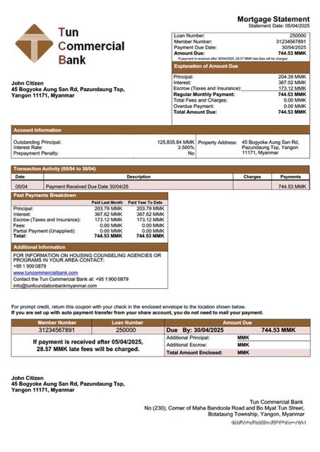 Myanmar Tun Foundation Bank mortgage statement Word and PDF template Myanmar Tun Foundation Bank mortgage statement Word and PDF template
