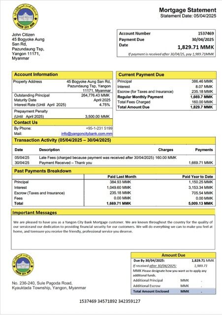 Myanmar Yangon City Bank mortgage statement Word and PDF template Myanmar Yangon City Bank mortgage statement Word and PDF template