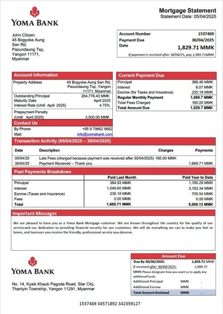 Myanmar Yoma Bank mortgage statement Word and PDF template Myanmar Yoma Bank mortgage statement Word and PDF template
