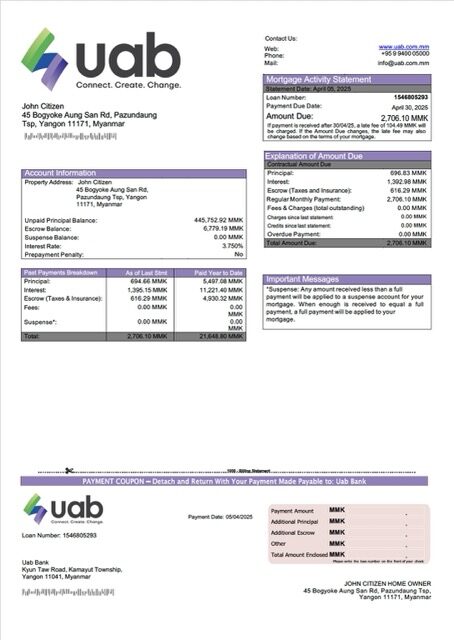 Myanmar uab Bank mortgage statement Word and PDF template Myanmar uab Bank mortgage statement Word and PDF template