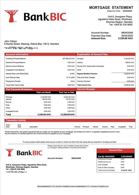 Namibia Bank BIC Namibia mortgage statement Word and PDF template Namibia Bank BIC Namibia mortgage statement Word and PDF template