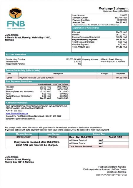Namibia First National Bank Namibia Limited mortgage statement Word and PDF template Namibia First National Bank Namibia Limited mortgage statement Word and PDF template