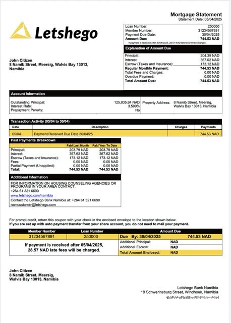 Namibia Letshego Bank Namibia mortgage statement Word and PDF template Namibia Letshego Bank Namibia mortgage statement Word and PDF template