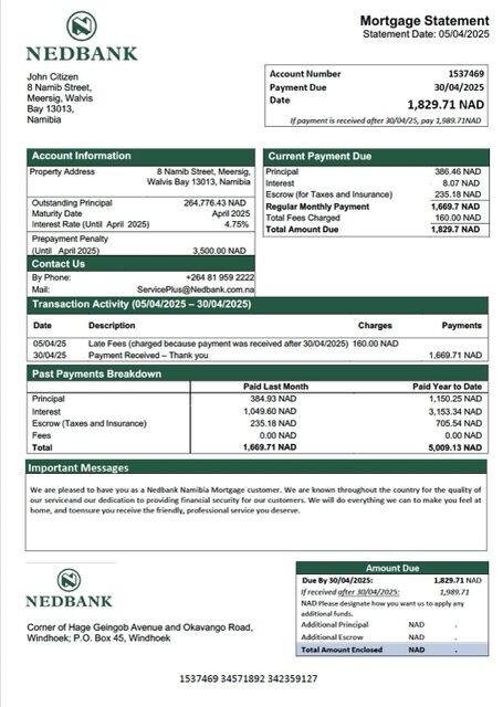 Namibia Nedbank Namibia Limited mortgage statement Word and PDF template Namibia Nedbank Namibia Limited mortgage statement Word and PDF template