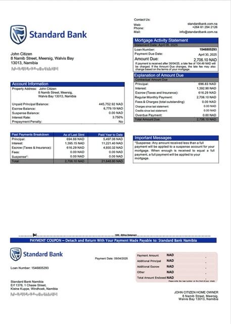 Namibia Standard Bank Namibia mortgage statement Word and PDF template Namibia Standard Bank Namibia mortgage statement Word and PDF template