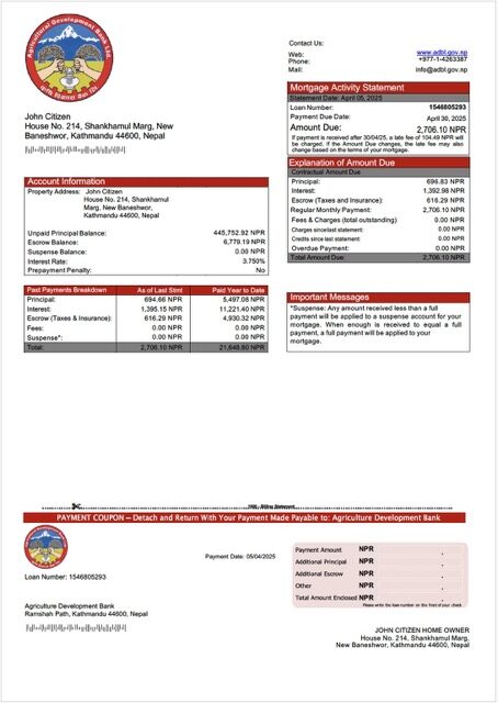 Nepal Agriculture Development Bank mortgage statement Word and PDF template Nepal Agriculture Development Bank mortgage statement Word and PDF template