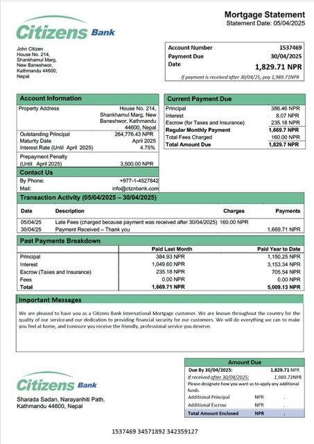 Nepal Citizens Bank International mortgage statement Word and PDF template Nepal Citizens Bank International mortgage statement Word and PDF template