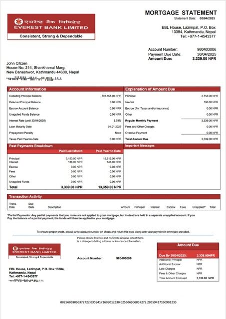Nepal Everest Bank mortgage statement Word and PDF template Nepal Everest Bank mortgage statement Word and PDF template