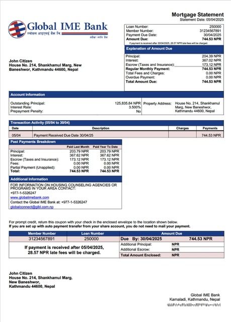 Nepal Global IME Bank mortgage statement Word and PDF template Nepal Global IME Bank mortgage statement Word and PDF template