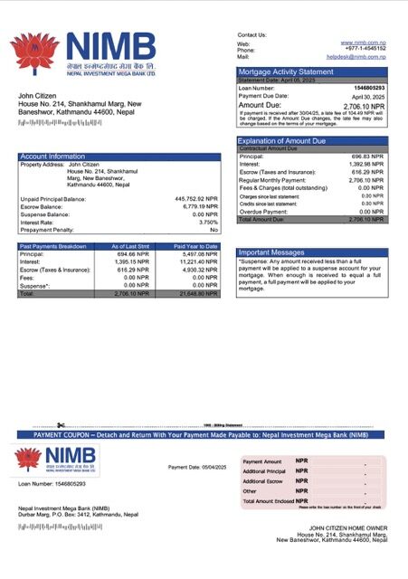 Nepal Investment Mega Bank (NIMB) mortgage statement Word and PDF template Nepal Investment Mega Bank (NIMB) mortgage statement Word and PDF template