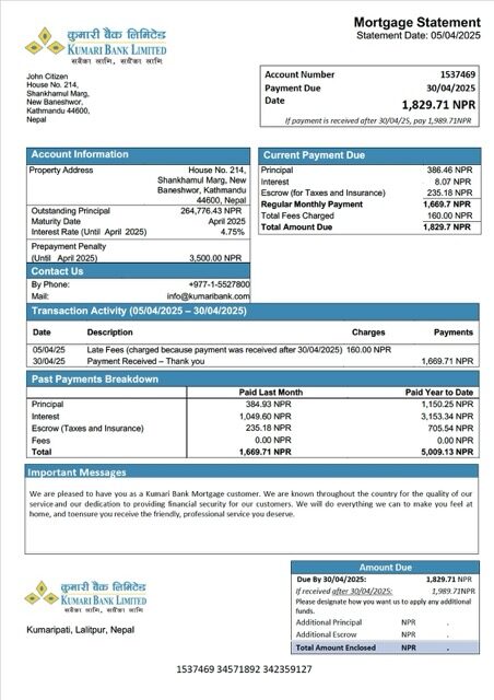 Nepal Kumari Bank mortgage statement Word and PDF template Nepal Kumari Bank mortgage statement Word and PDF template