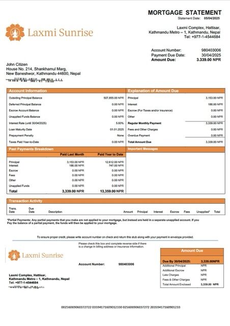 Nepal Laxmi Sunrise Bank mortgage statement Word and PDF template Nepal Laxmi Sunrise Bank mortgage statement Word and PDF template