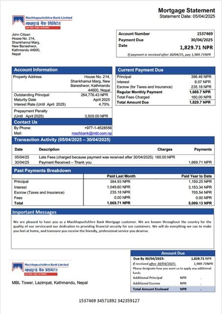 Nepal Machhapuchchhre Bank mortgage statement Word and PDF template Nepal Machhapuchchhre Bank mortgage statement Word and PDF template