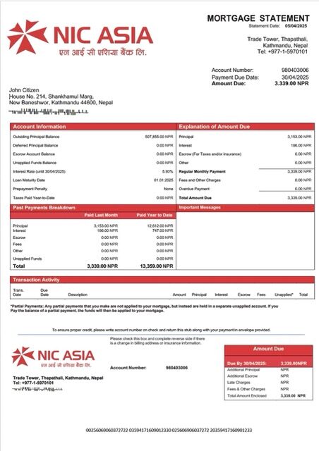 Nepal NIC Asia Bank mortgage statement Word and PDF template Nepal NIC Asia Bank mortgage statement Word and PDF template