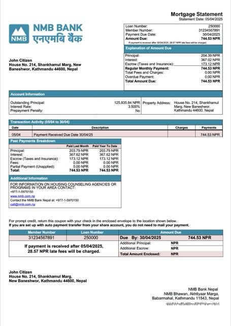 Nepal NMB Bank Nepal mortgage statement Word and PDF template Nepal NMB Bank Nepal mortgage statement Word and PDF template
